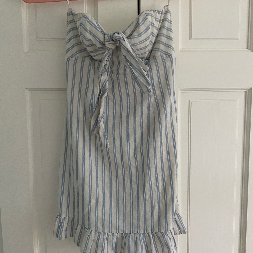Blue and white striped strapless dress